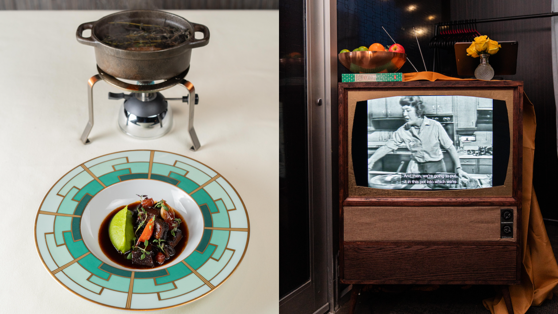 Boeuf bourguignon, presented in a theatrical, modern manner typical of Grant Achatz, is one of the dishes included in a new Julia Child menu at Next. Credit: Stephanie Lau/The Alinea Group A dish of boeuf bourguignon in front of a small pot on a table next to a TV set playing a Julia Child show in black and white