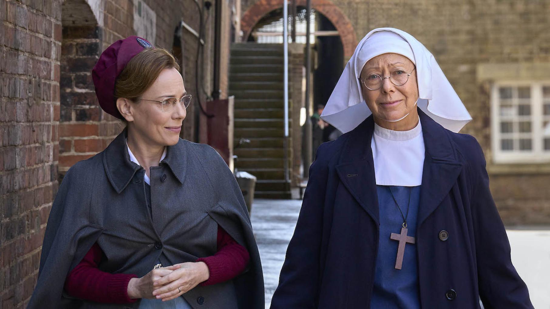 Shelagh approaches Sister Julienne with worries that May will be taken away. Credit: BBC Studios/Neal Street Productions Shelagh looks at Sister Julienne