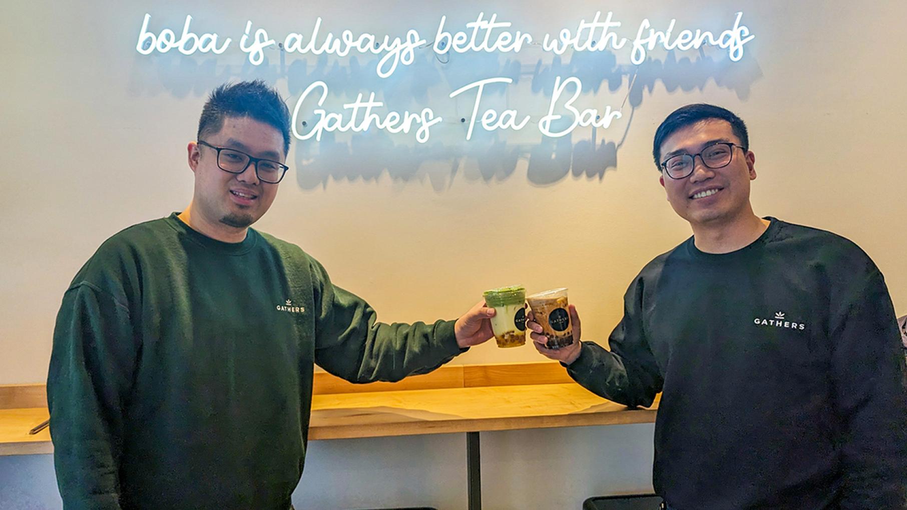 Longtime friends Victor Lei, left, and Peter Li paired up to create Gathers Tea Bar on the Near West Side. Credit: Lisa Futterman for WTTW A photo of Victor Lei and Peter Li.