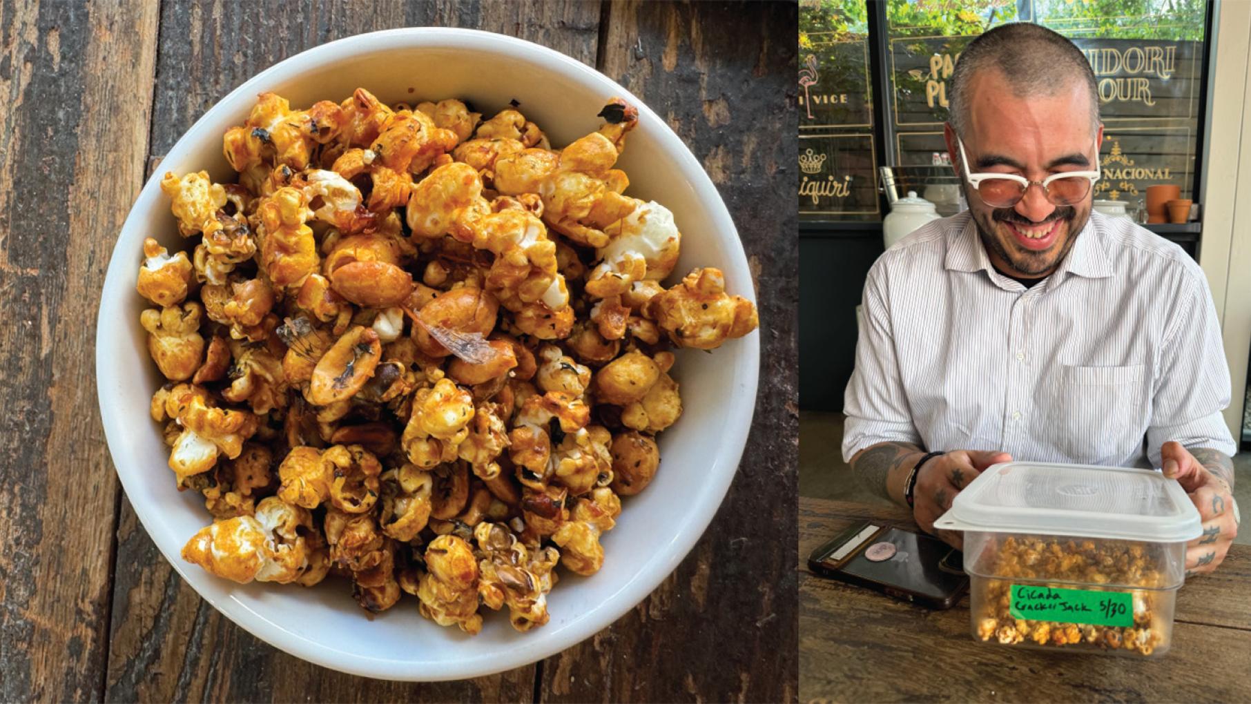 Chef Rafa Esparza created a recipe for Cicada Cracker Jack. Credit: Maggie Hennessy for WTTW An image collage of a bowl of Cicada Cracker Jack and Chef Rafa Esparza