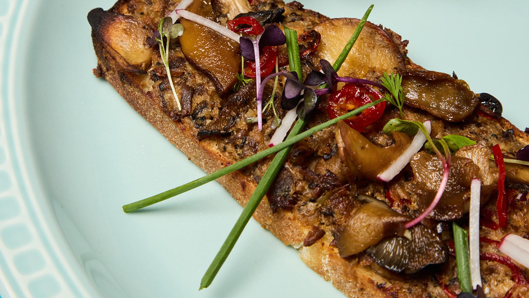 Chef Sarah Stegner's Creamy Mushroom Toast from the 'Chicago Chefs Cookbook,' which raises funds for the nonprofit Chi-Care. Credit: Courtesy Chicago Chefs Cook Mushroom toast on a plate