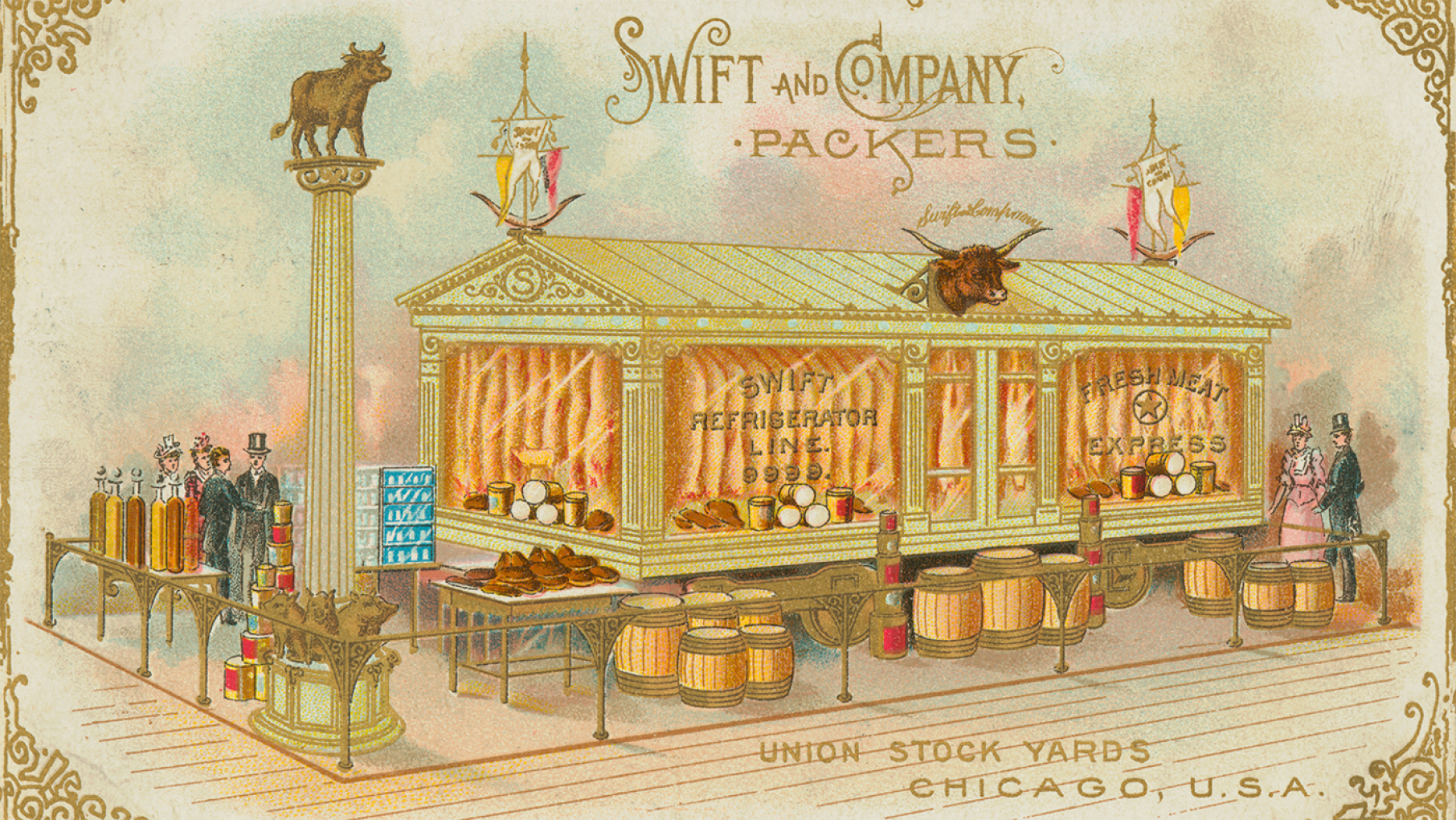 A Swift & Co. trade card advertising its refrigerator line of train cars, circa 1893. Credit: ICHi-085323, Advertising cards collection, Chicago History Museum A historic illustration of a refrigerated train car from Swift and Company
