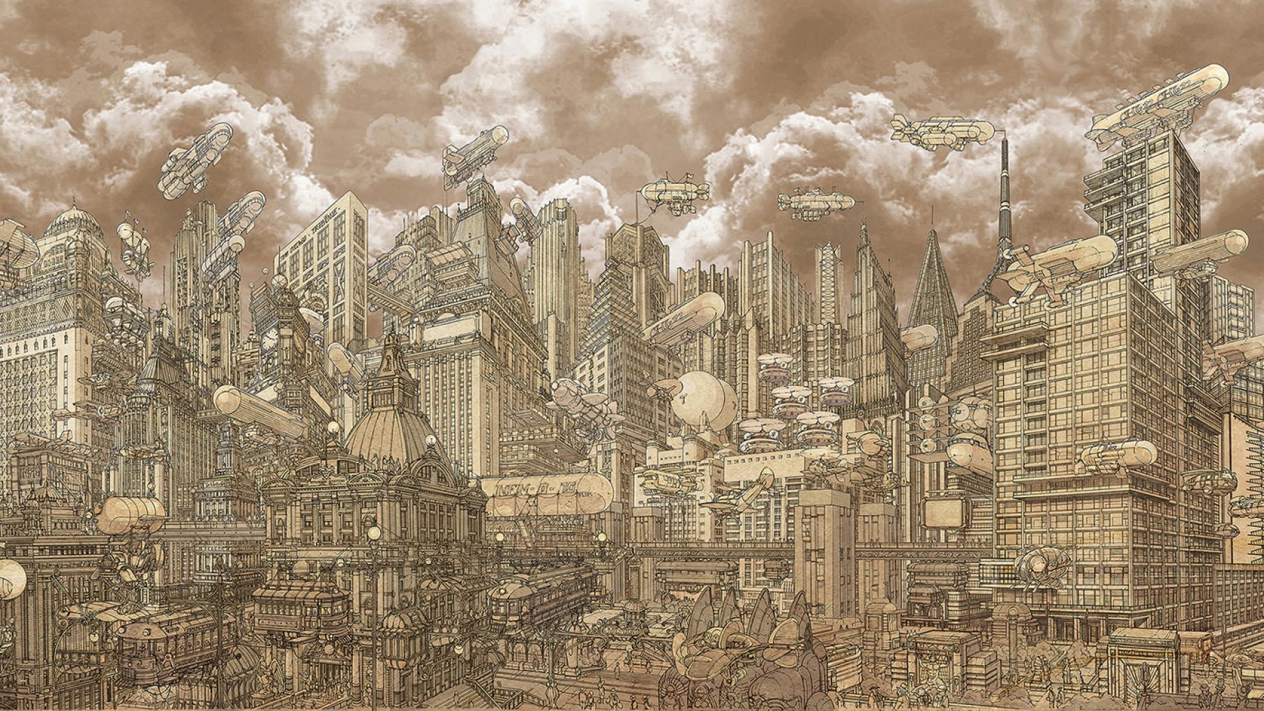 "Welcome to Tribuneville" is a skyline made up of entries to the 1922 competition to design a new headquarters for the 'Chicago Tribune.' Walter Gropius and Adolf Meyer's entry is on the far right. Credit: Klaus, courtesy 150 Media Stream and MAS Context A cartoon of an imagined Chicago skyline made up of entries to the 1922 'Chicago Tribune' headquarters competition
