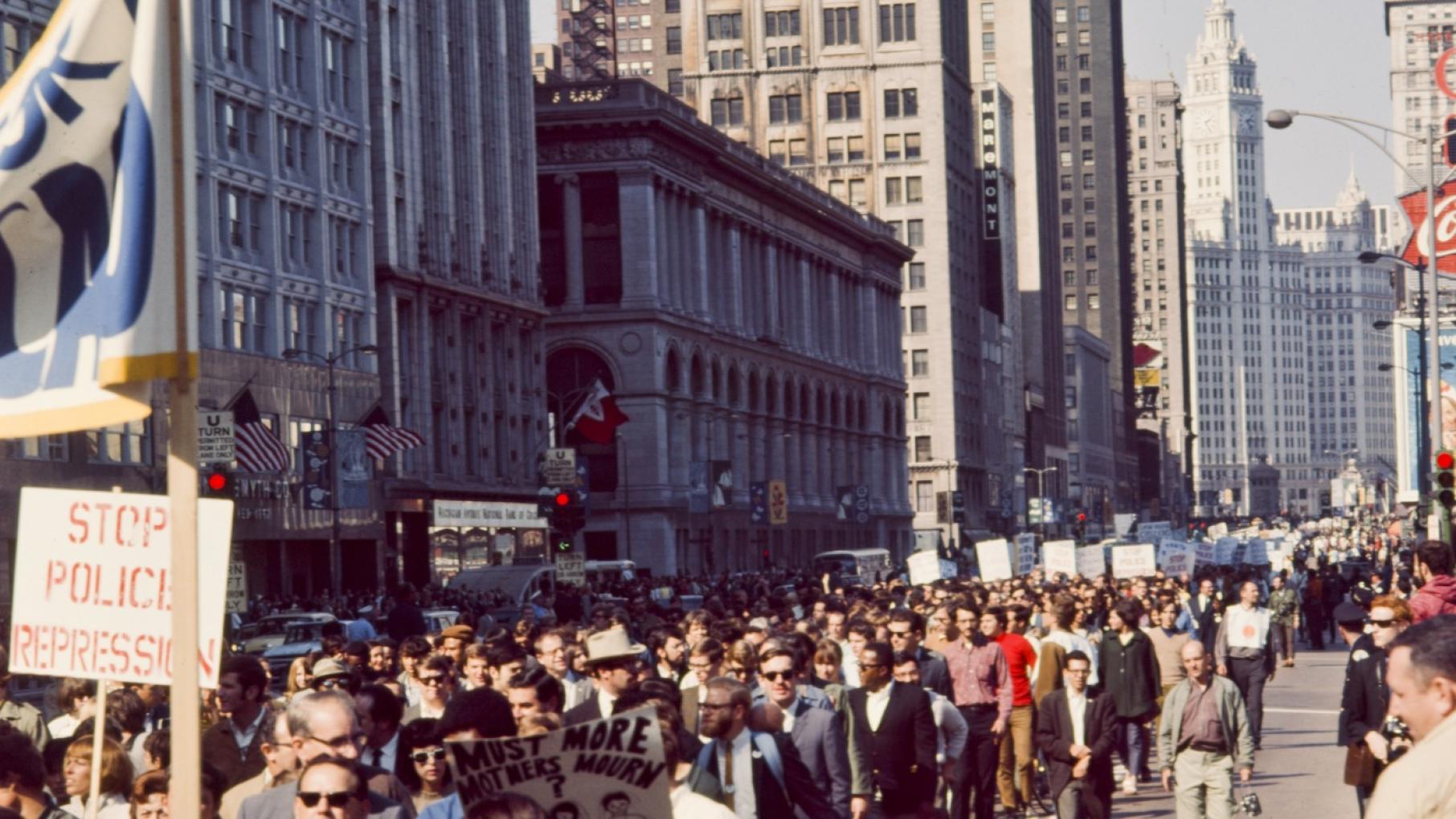 At the 1968 Democratic National Convention in Chicago, anti-war protesters took to the streets and eventually clashed with the police. Credit: Chicago History Museum, ICHi-093520; Stephen Deutch, photographer Protesters march down Chicago's Michigan Avenue in 1968