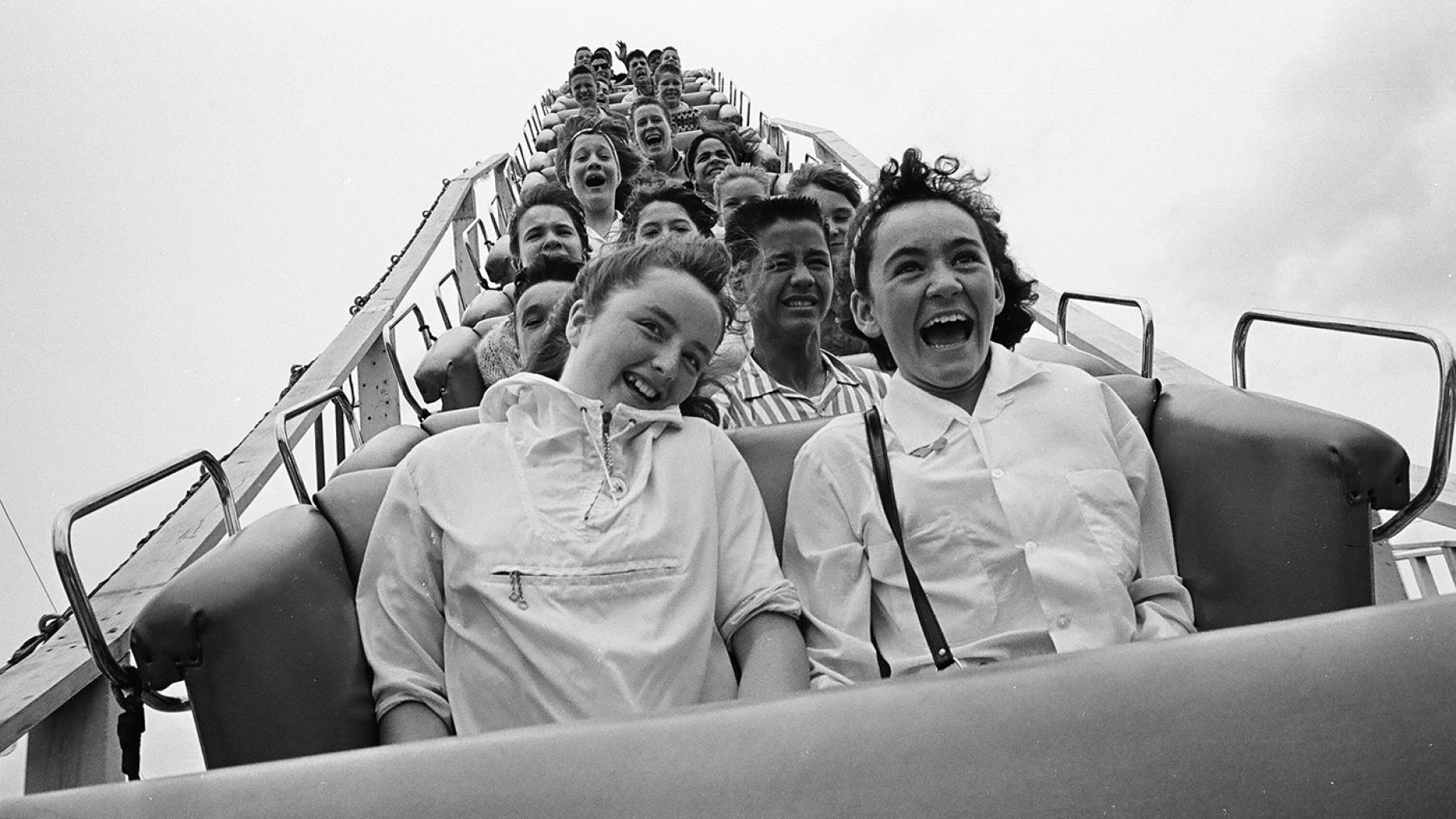 Children riding on a rollercoaster at Riverview Amusement Park in 1966. Credit: ST-90004578-0002, Chicago Sun-Times collection, Chicago History Museum Kids scream on a rollercoaster in a black and white photo