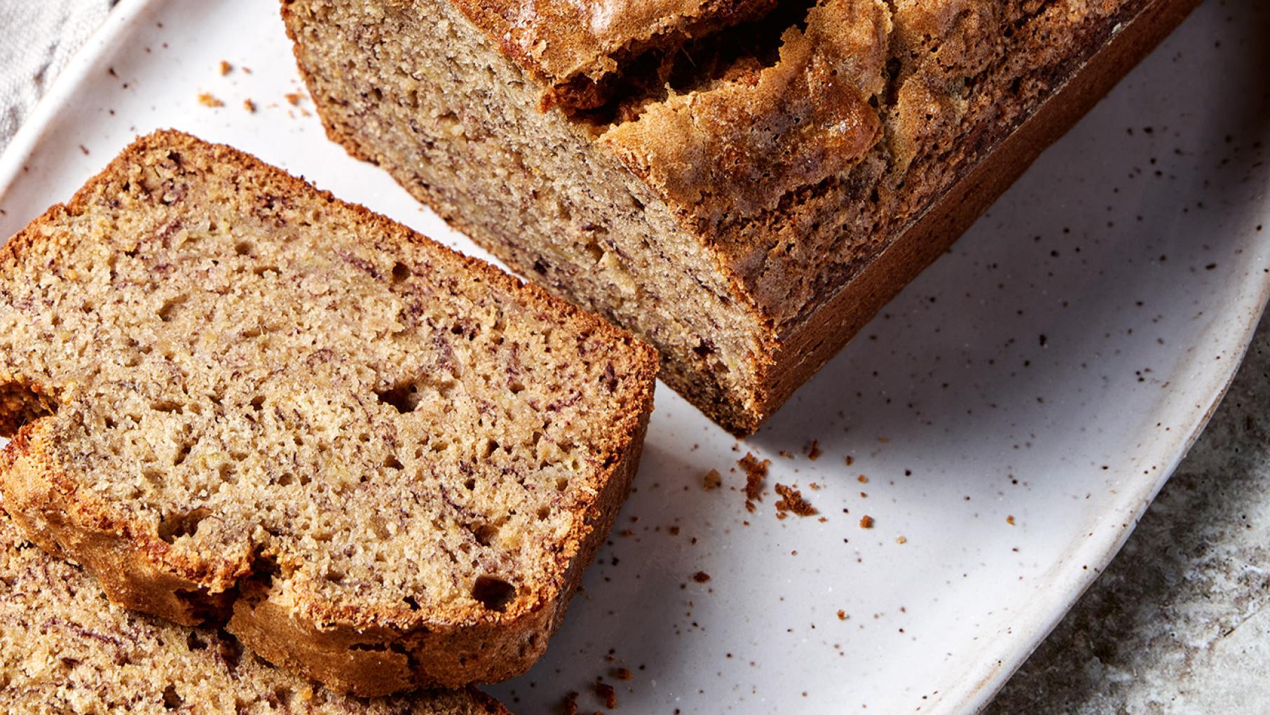 A loaf of banana bread cut into slices