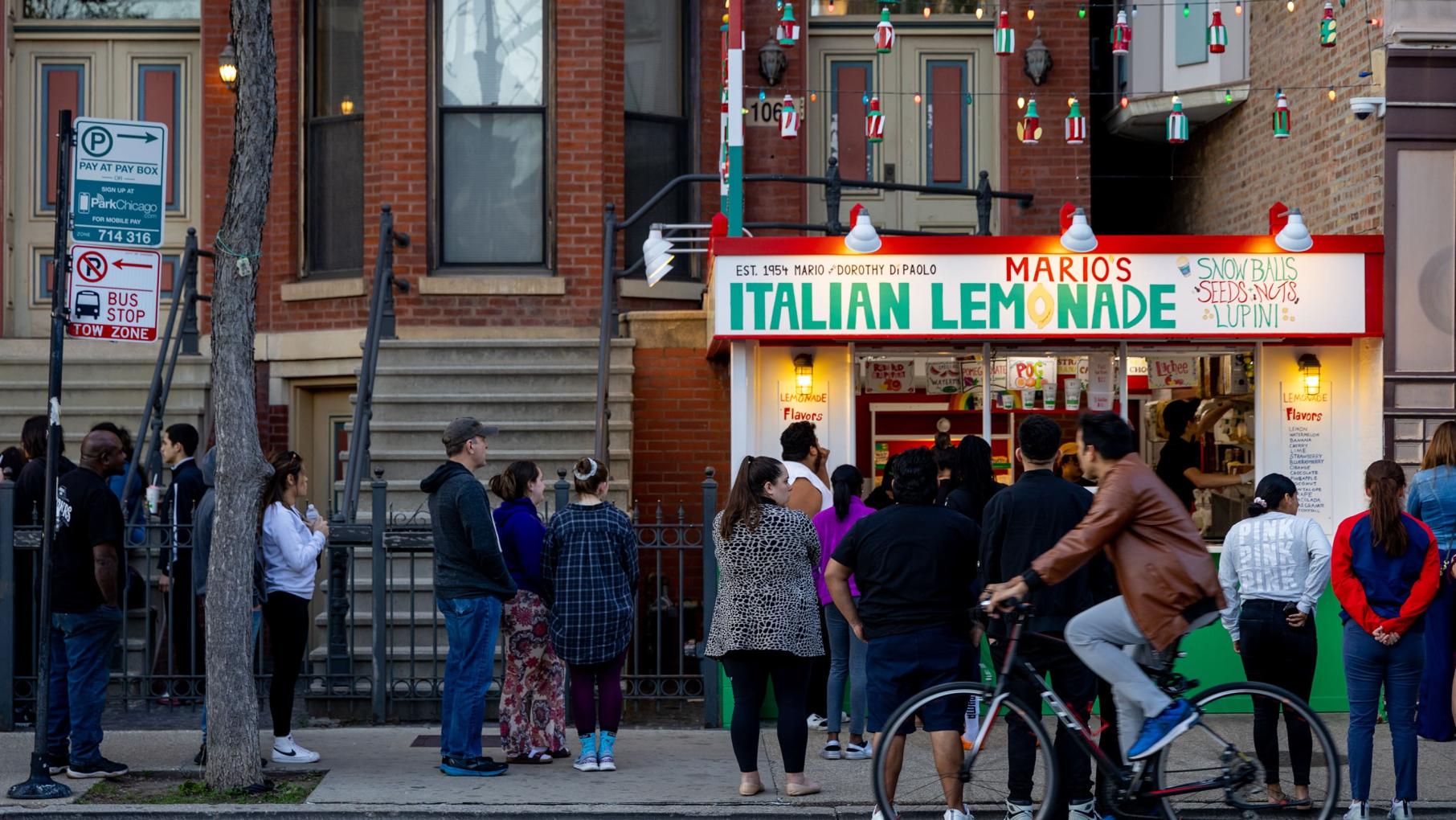 Mario’s Italian Lemonade has been delighting customers once the weather warms since 1954. Photo: Kathleen Hinkel for WTTW Customers waiting in line outside Mario’s Italian Lemonade