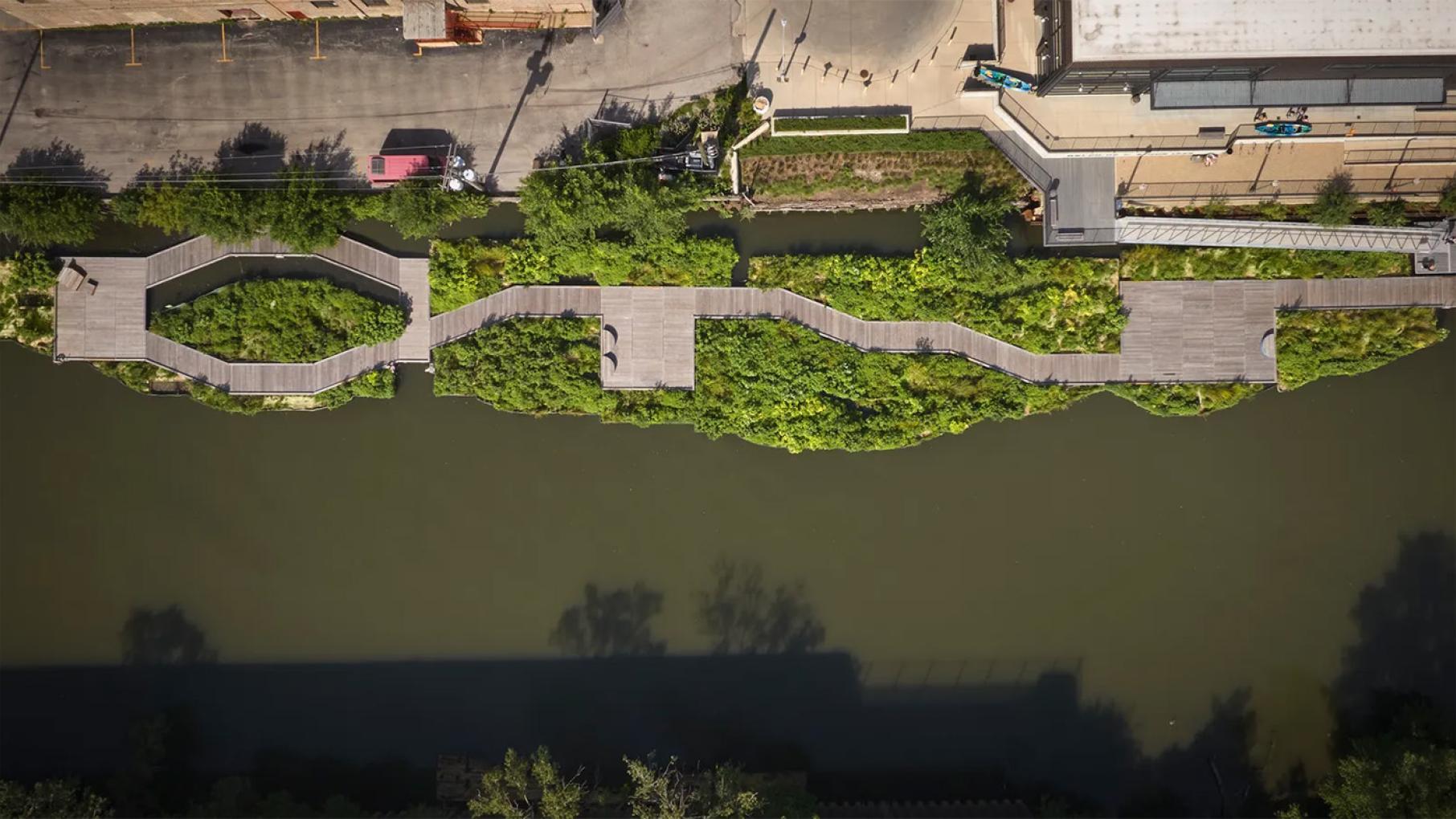 The Wild Mile is a floating wetland in the Chicago River near Goose Island. Credit: Dave Burk @ SOM An overhead view of the Wild Mile floating wetland on the Chicago River