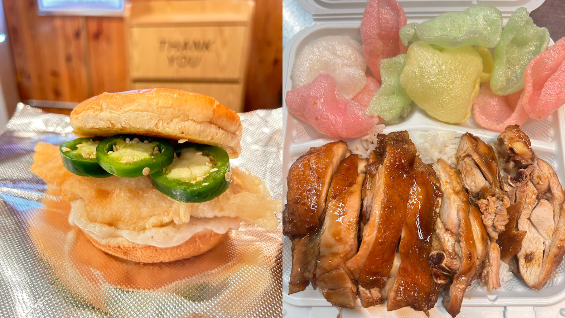 Henry Cai reimagines Cantonese classics learned from his dad into dishes like a salt and pepper chicken sandwich and soy sauce chicken. Credit: 3 Little Pigs A chicken sandwich and soy sauce chicken side by side