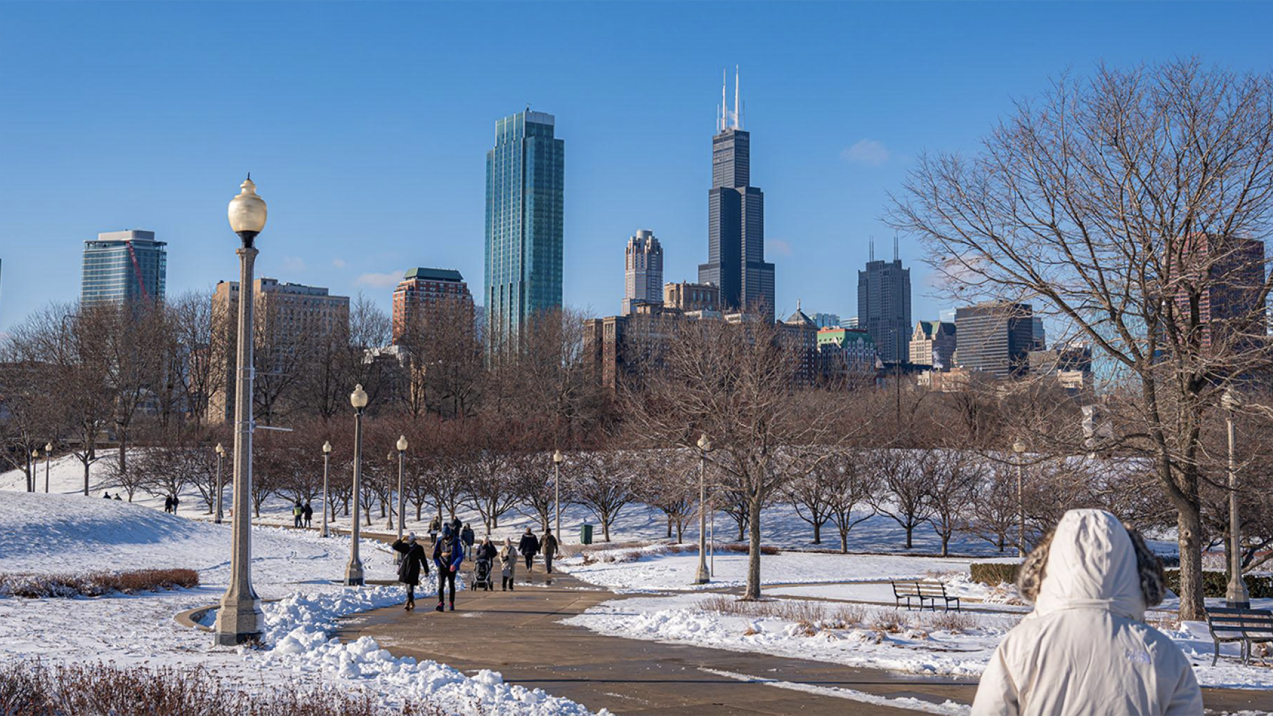 A view of the Chicago skyline from a snowy Grant Park