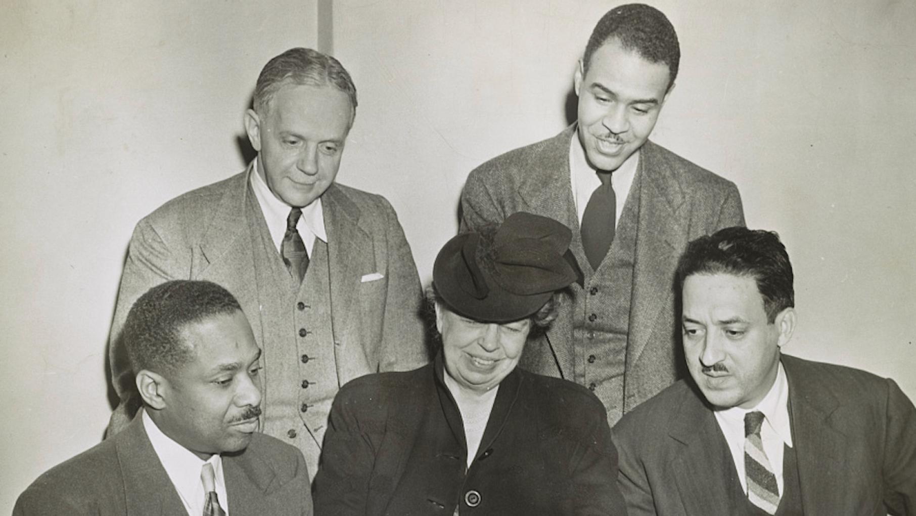 Left to right, front row: NAACP board member James McLendon, Eleanor Roosevelt, Thurgood Marshall. Standing, left to right: Walter White, Roy Wilkins, 1947. Credit: Library of Congress, Prints and Photographs Division, Visual Materials from the NAACP Records Five people in a black and white photo
