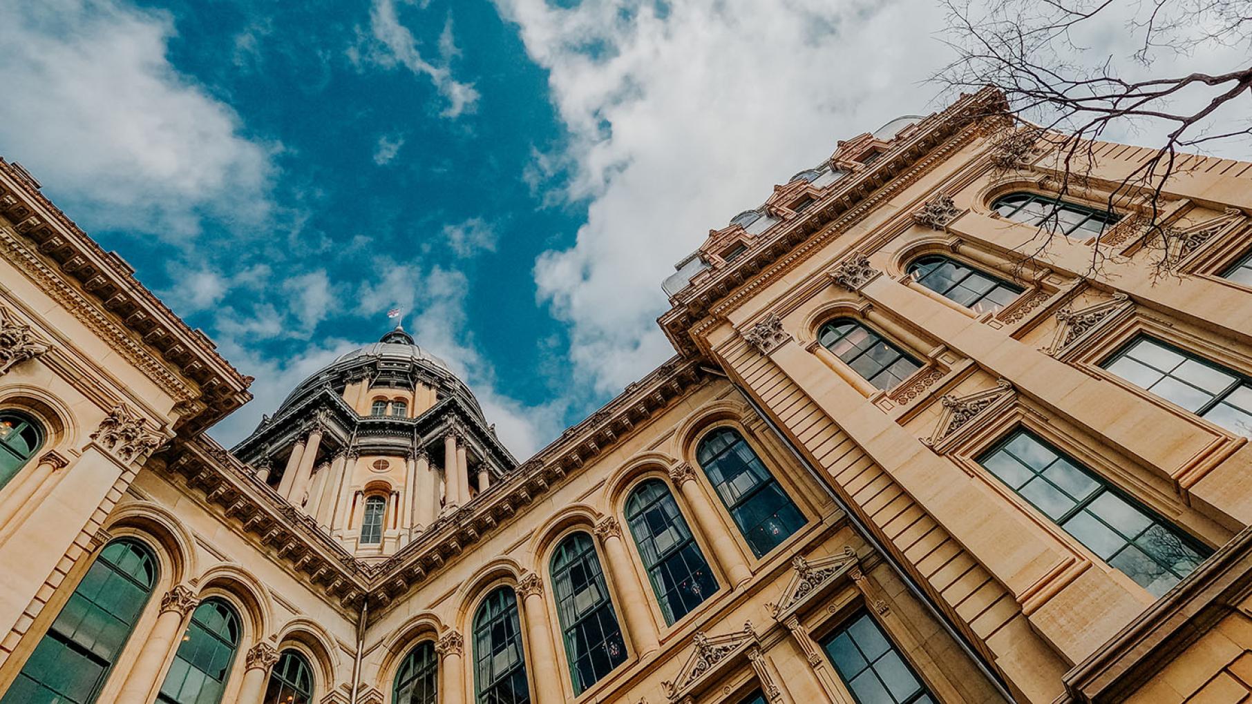 The Illinois State Capitol. Credit: Sanya Kushak / iStock A view looking up at the Illinois State Capitol rotunda from outside the building.