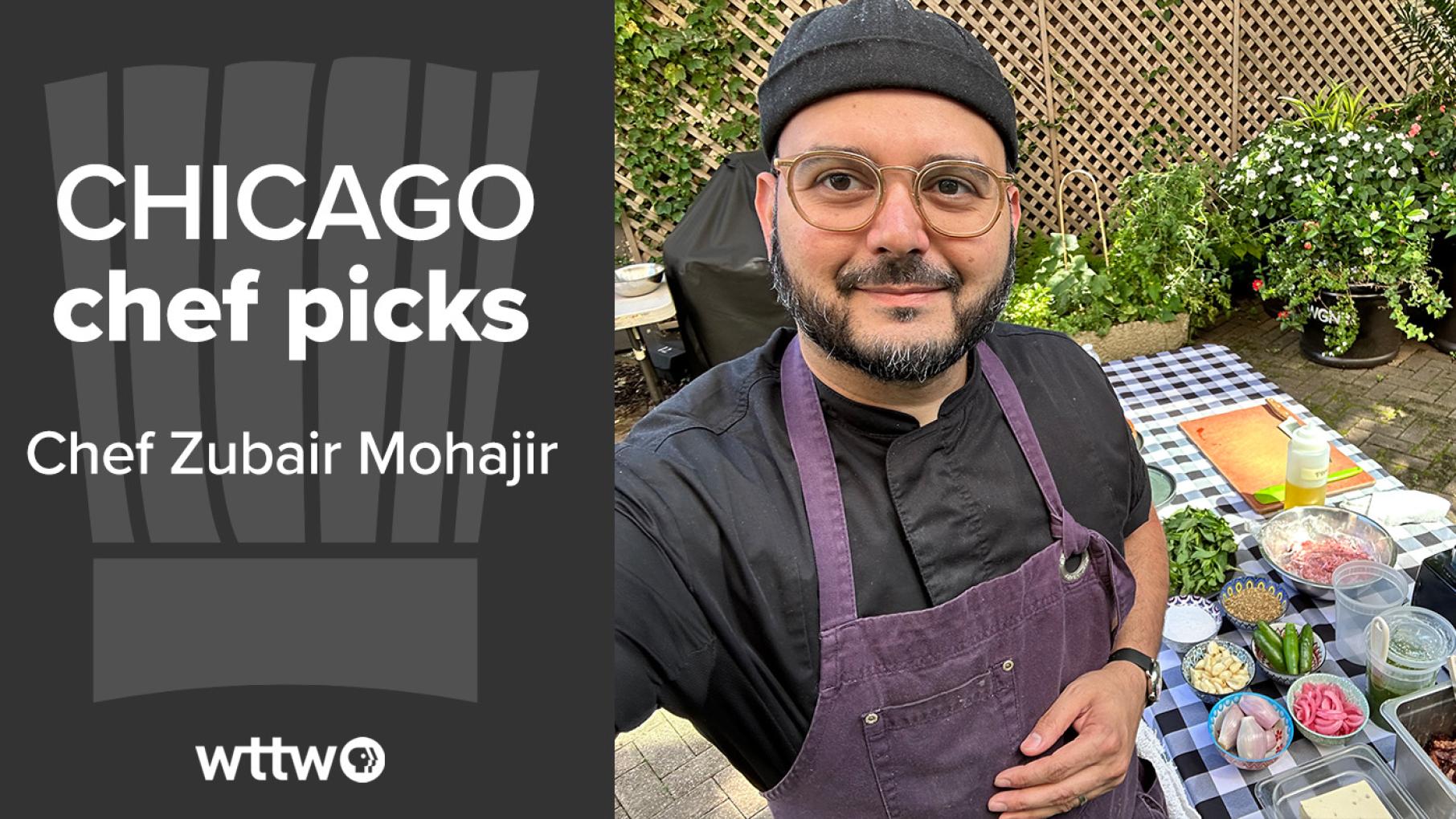 Zubair Mohajir of Lilac Tiger, the Coach House, and Mirra is a chef-testant on the 22nd season of 'Top Chef.' Credit: Zubair Mohajir A Chicago Chef Picks graphics next to a selfie of Zubair Mohajir outside next to a table of prepped ingredients