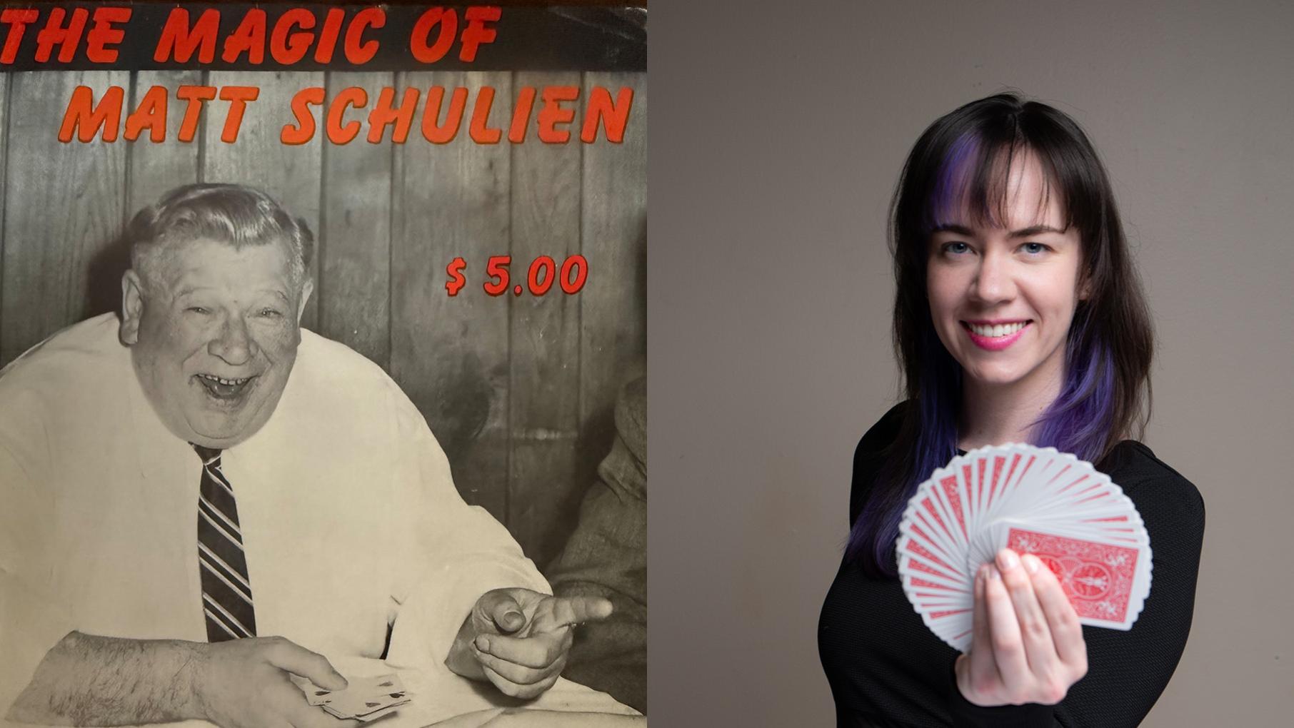 Matt Schulien pioneered close-up Chicago magic last century; Brielle continues it today. Credit: Matthew Gregory Hollis (right) Matt Schulien smiles in a black and white photo holding cards next to a more modern photo of Brielle holding cards and smiling