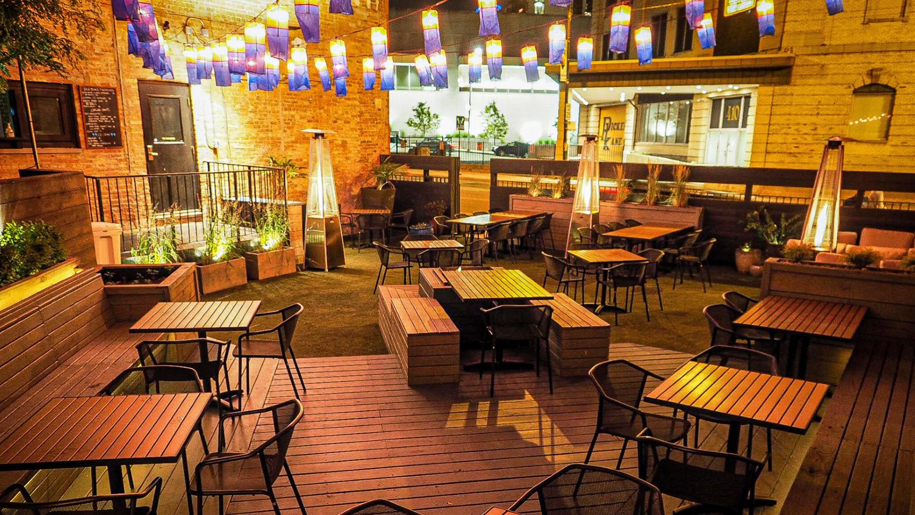 The patio at PERILLA fare, which will host "Windy City Wiener Wars" with Chicago chefs on Mondays throughout summer. Credit: PERILLA fare A patio with lanterns and heaters