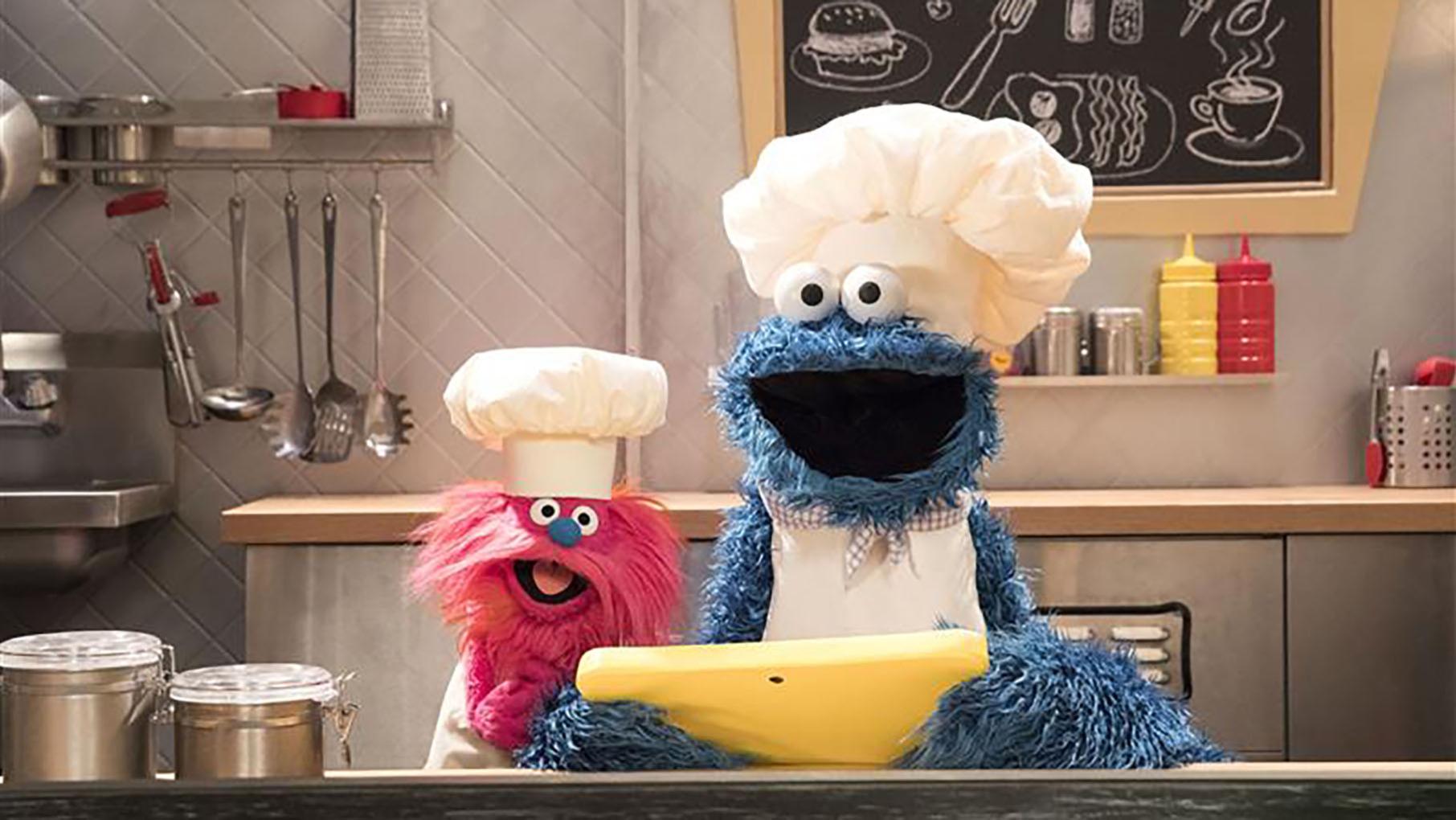Credit: Richard Termine for Sesame Workshop Gonger and Cookie Monster on Sesame Street