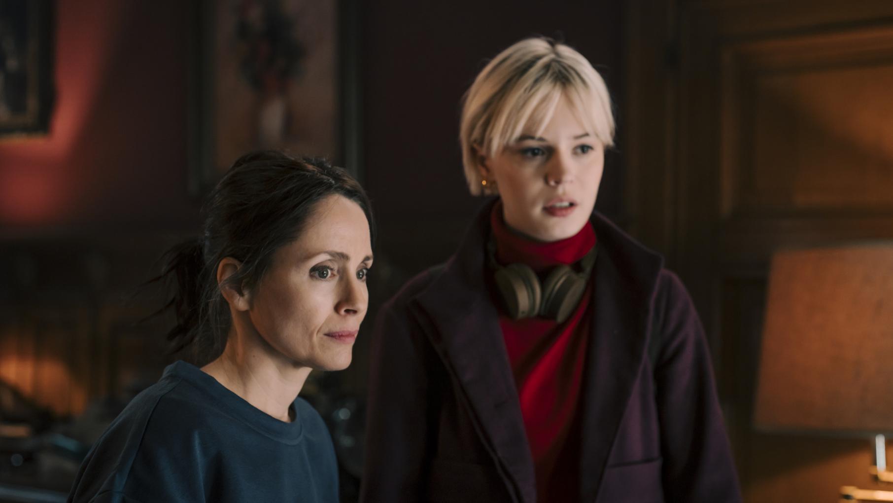 Bea and Patience investigate a locked room mystery involving a famous crime writer. Credit: Toon Aerts for Eagle Eye Drama Bea and Patience look at something off camera