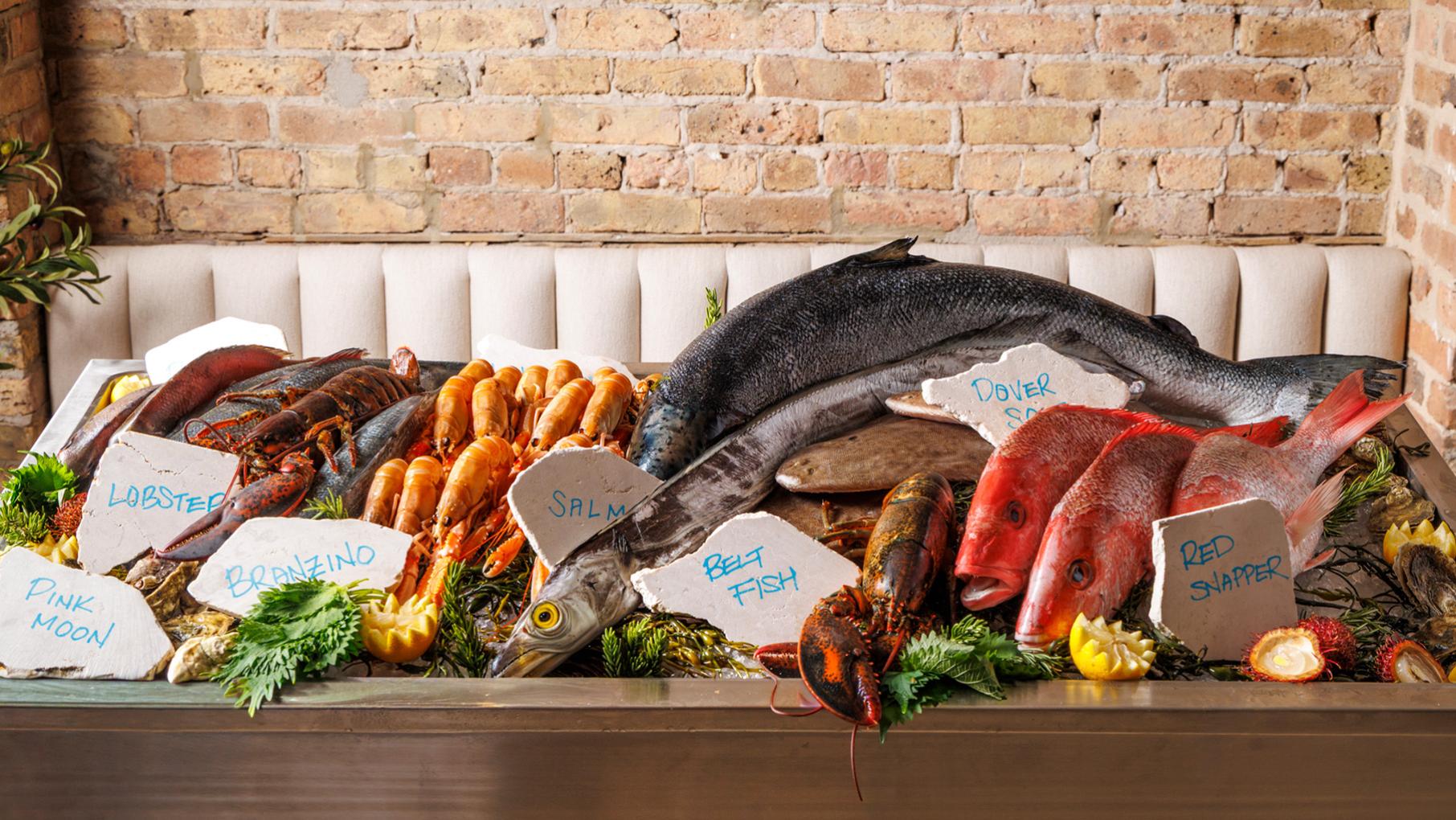 A display of fish on ice in a restaurant