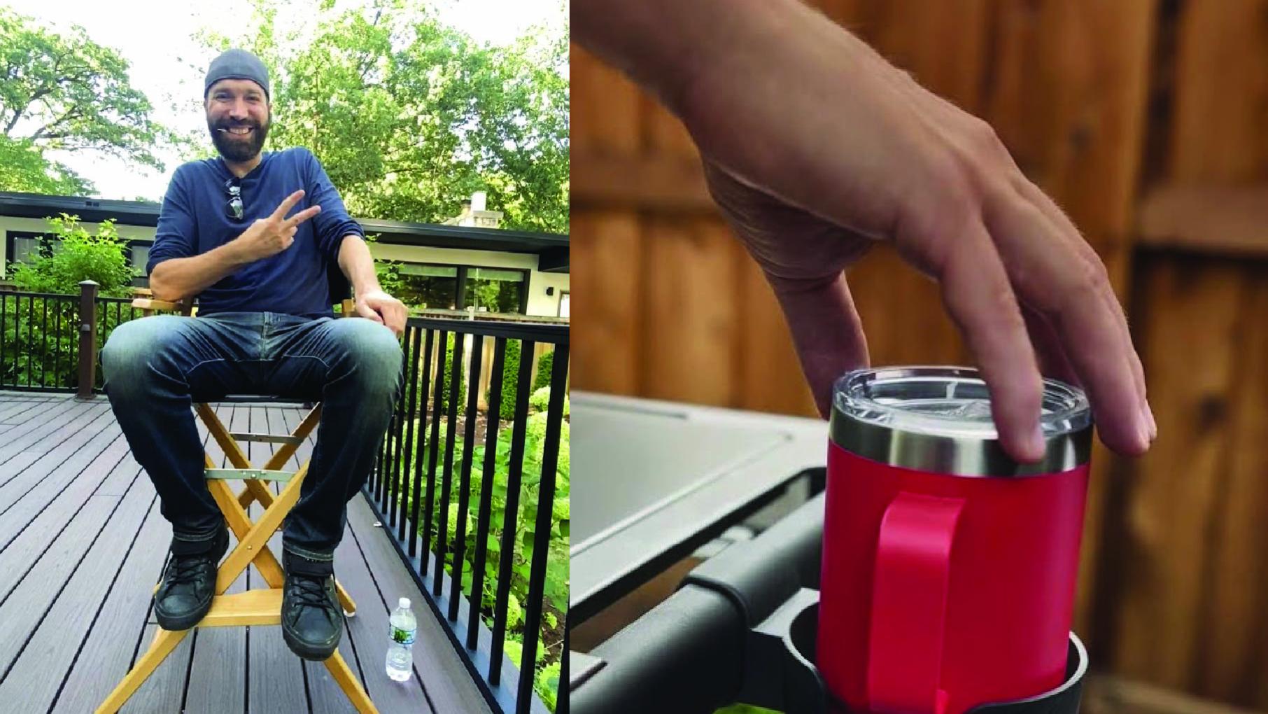 Left, an image of Nick DiBona sitting in a chair giving a thumbs up. Right: Nick's hand reaching for a coffee tumbler.