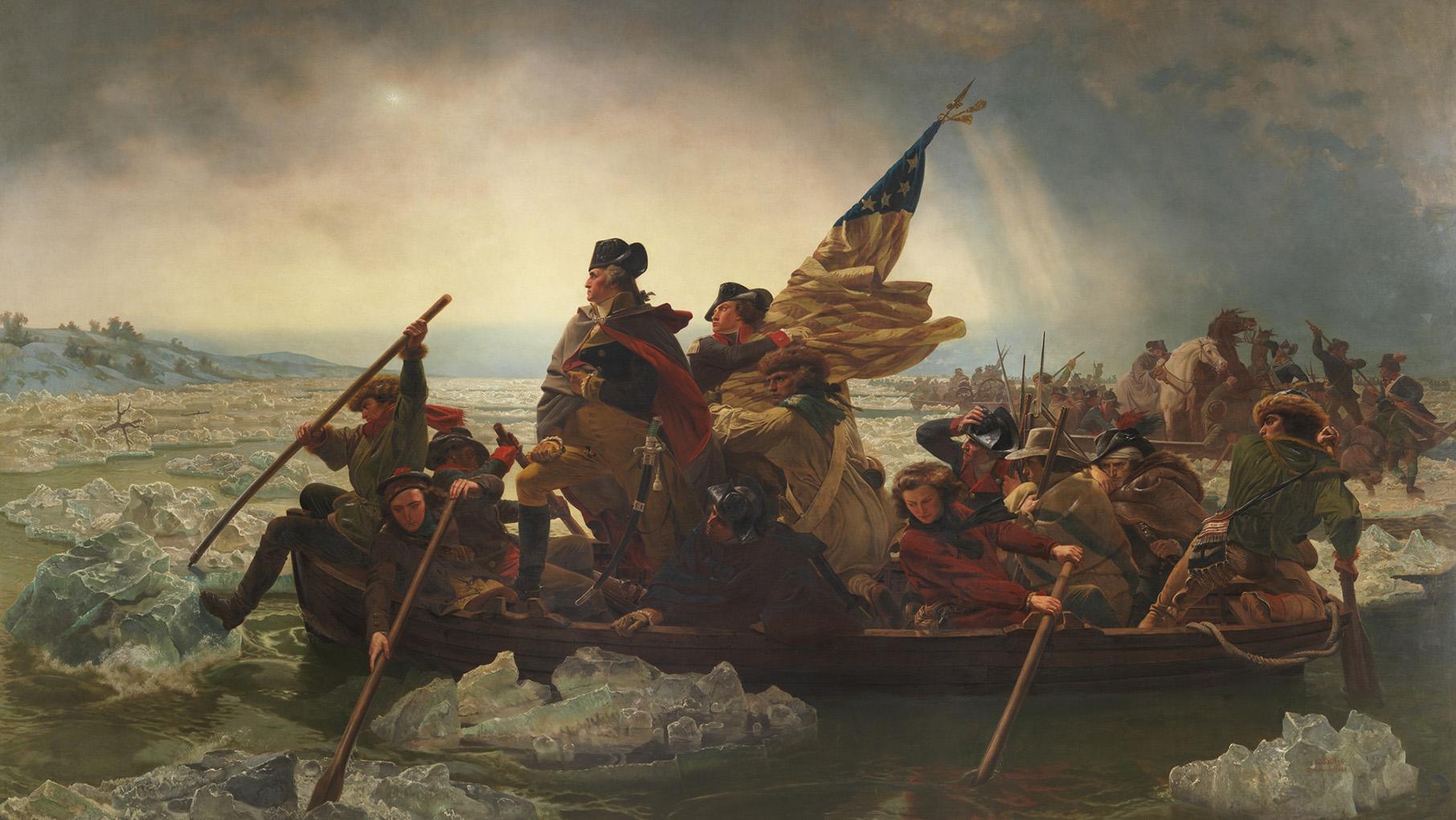 The famous painting of Washington crossing the Delaware river with an American flag