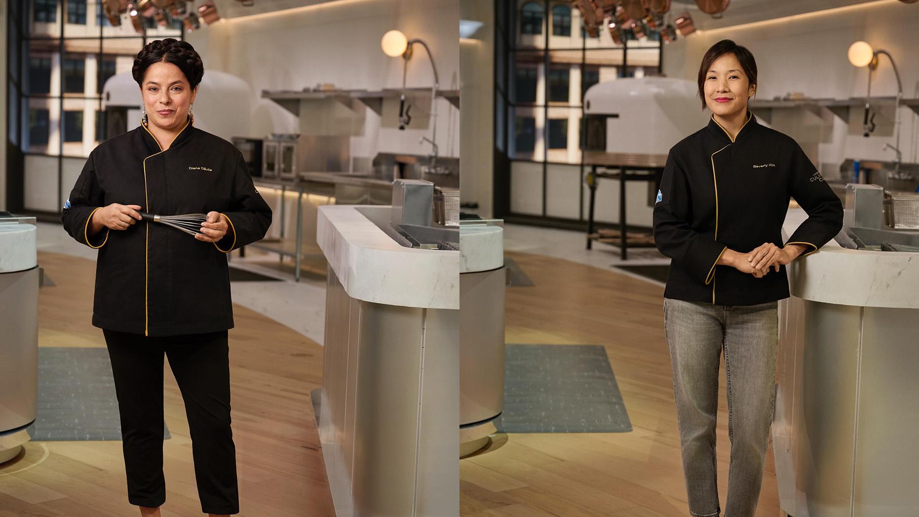 Diana Davila and Beverly Kim pose in separate photos on the same kitchen set