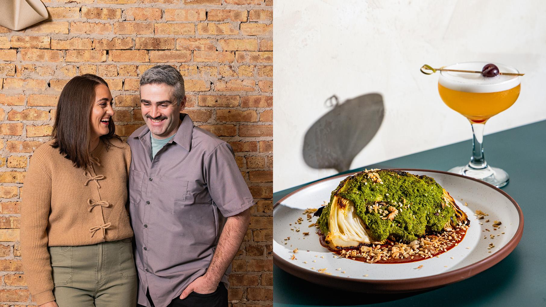 Rachel Canfora-Carlin and Tom Carlin pose together against a brick wall in a photo side-by-side with photo of a cabbage dish and a cocktail