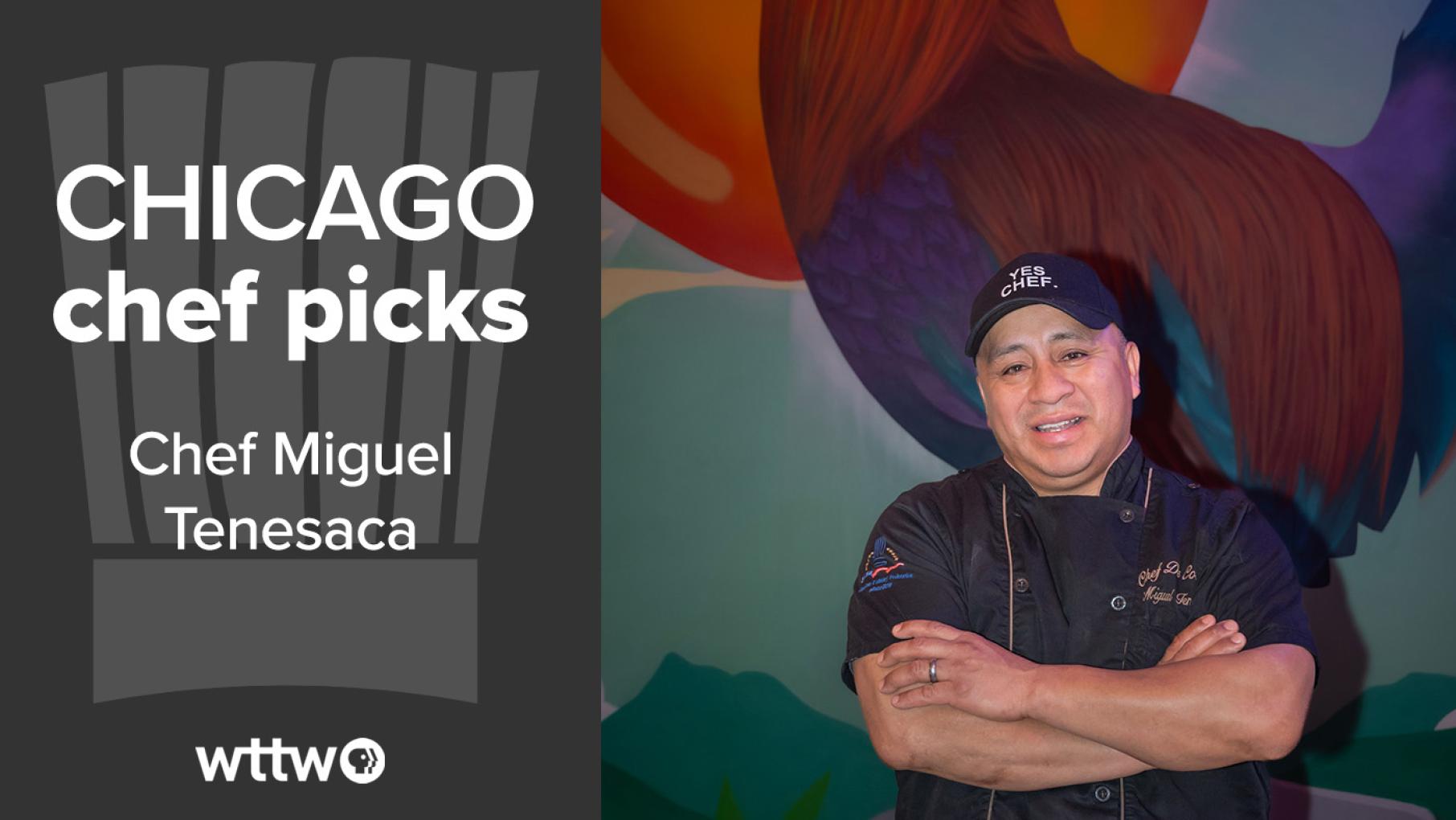 Chef Miguel Tenesaca poses in front of a painted wall with his arms crossed and a hat on