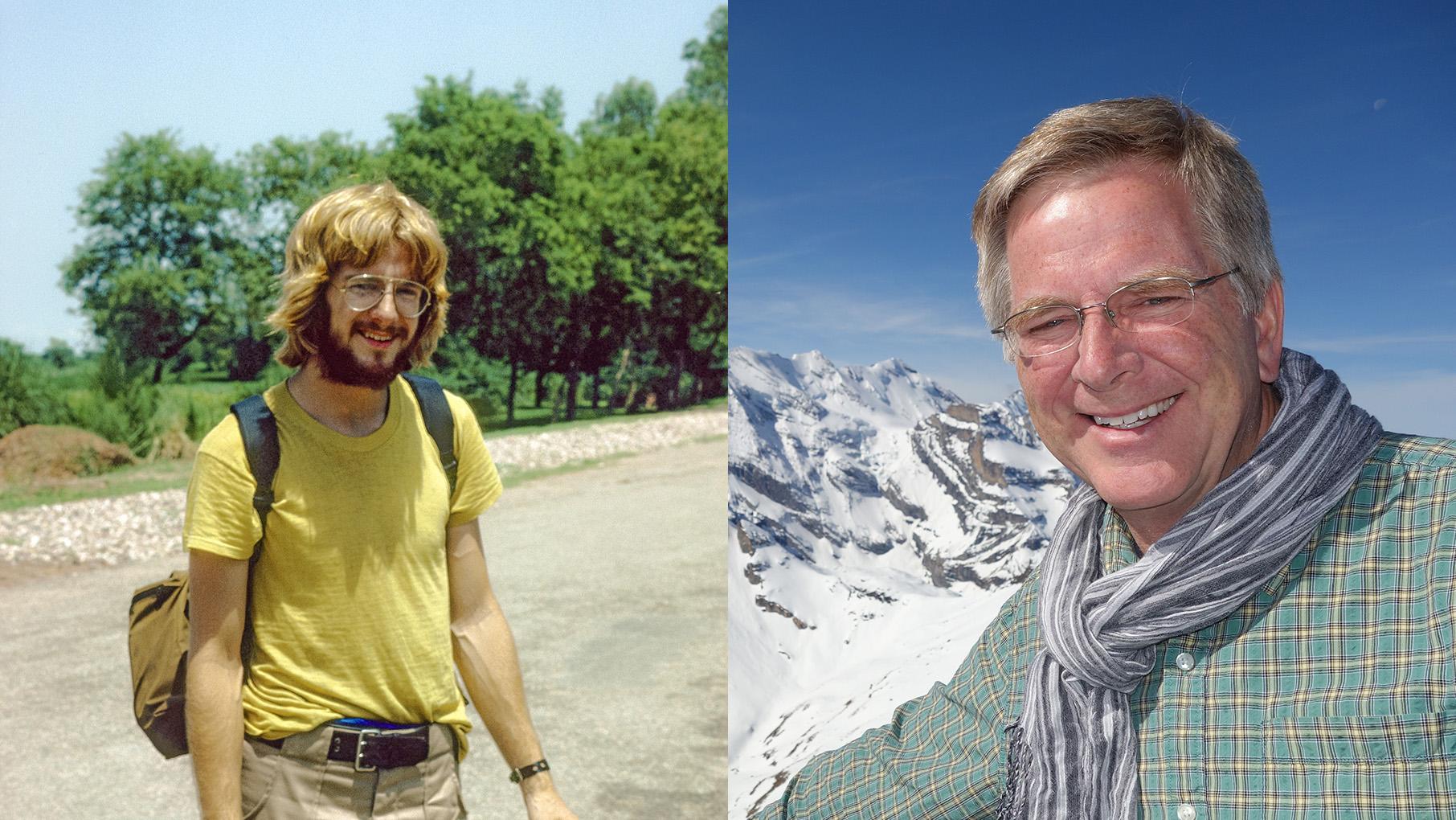 A photo of a young, bearded Rick Steves in 1978 and an older Steves with a scarf in the Alps