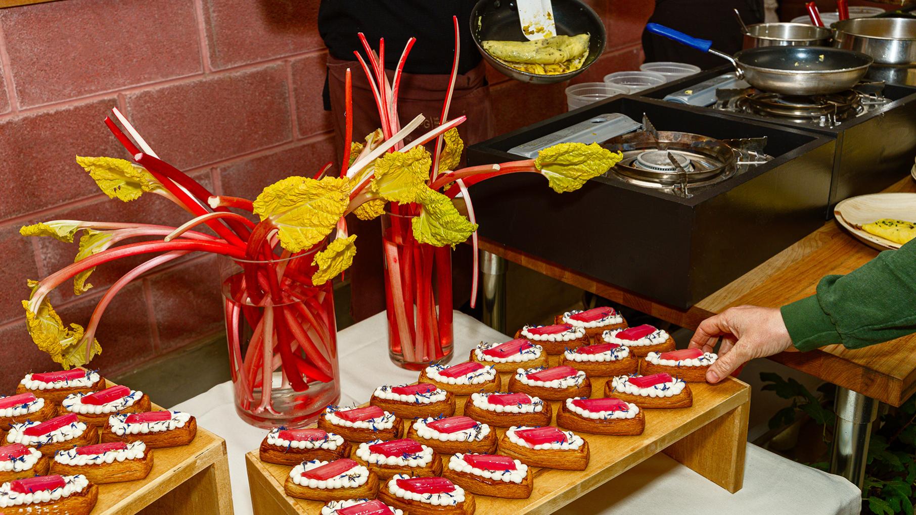 Rows of rhubarb pastries on display