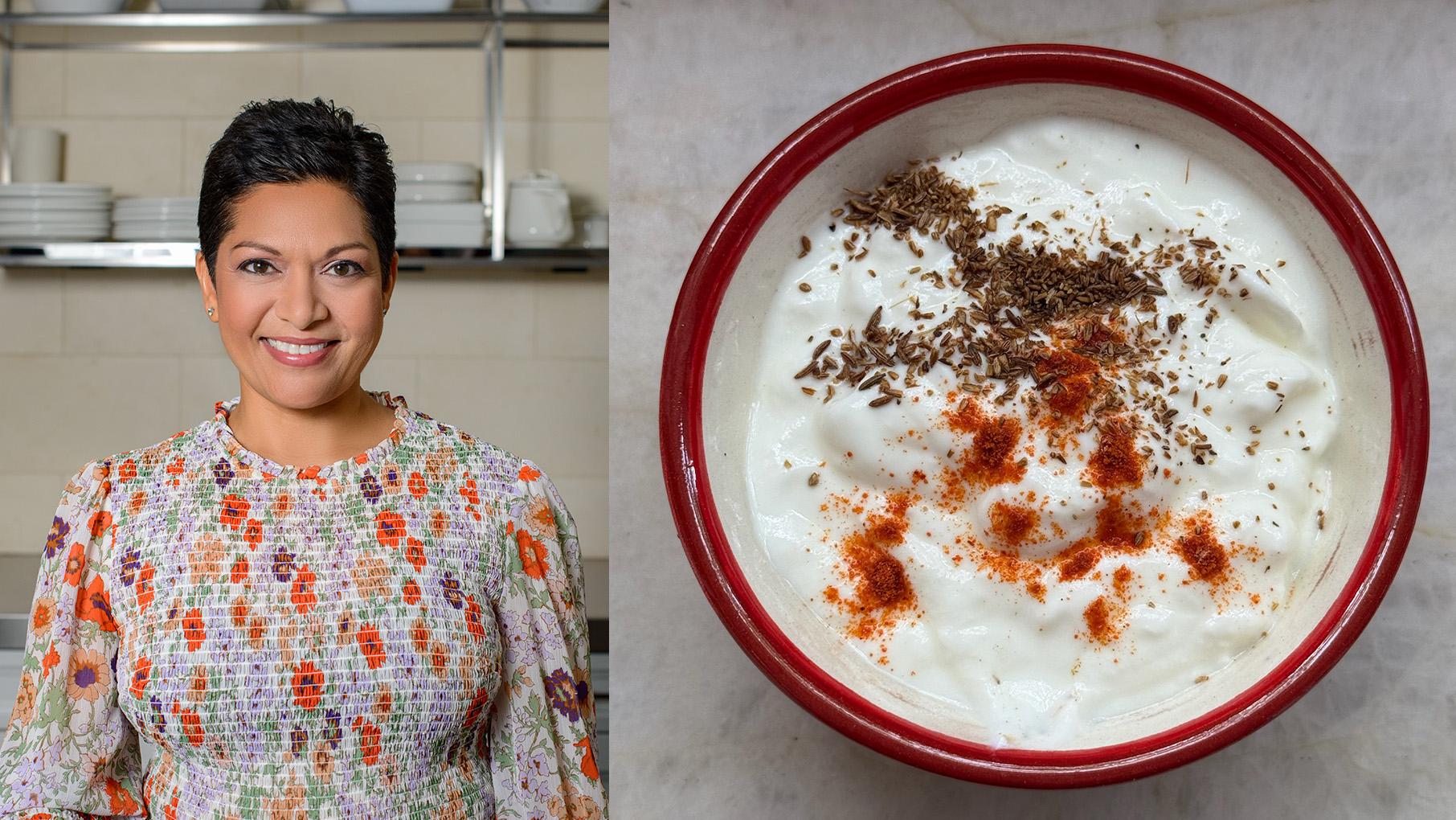 Anupy Singla smiles in a floral shirt next to a photo of raita with spices on top seen from above
