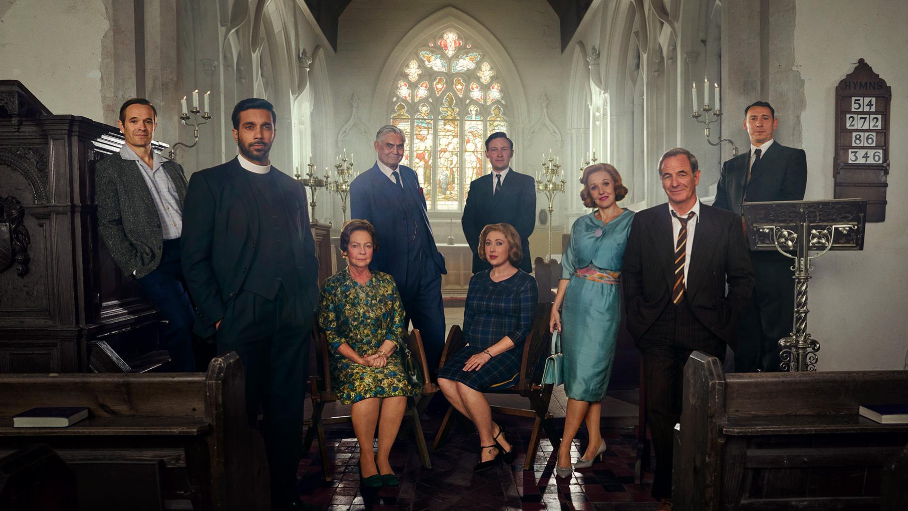The cast of Grantchester (Daniel, Alphy, Mrs. C, Jack, Geordie, Cathy, Miss Scott, Leonard)  poses in a church