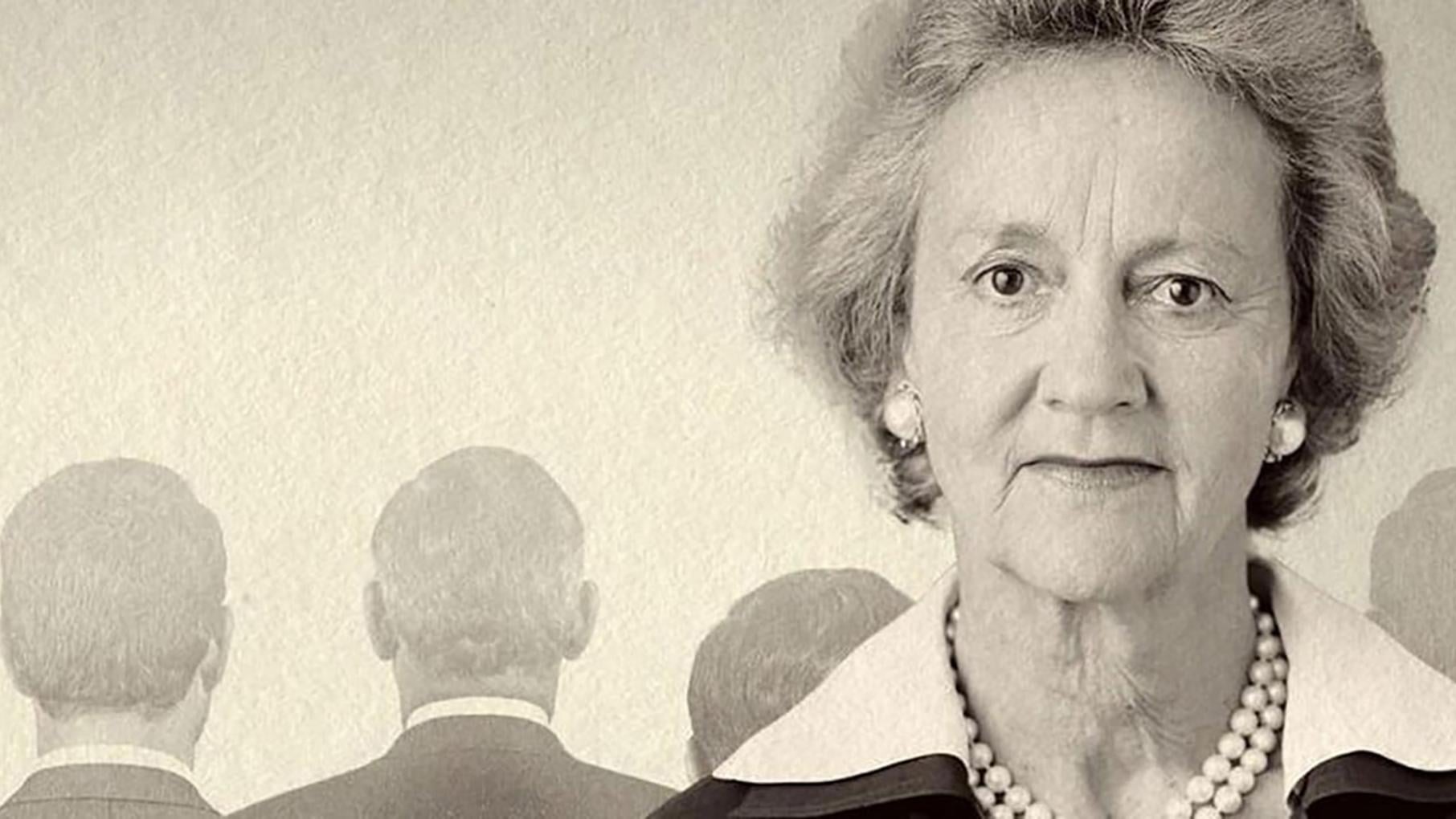 A graphic showing Katharine Graham lookign into the camera while figures of men have their back turned on her