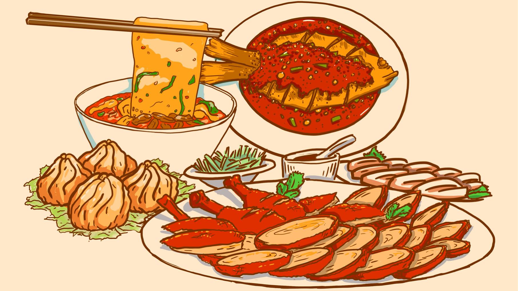 Illustrations of soup dumplings, biang biang noodles held up by chopsticks, a whole fish doused in red sauce, and sliced roast duck