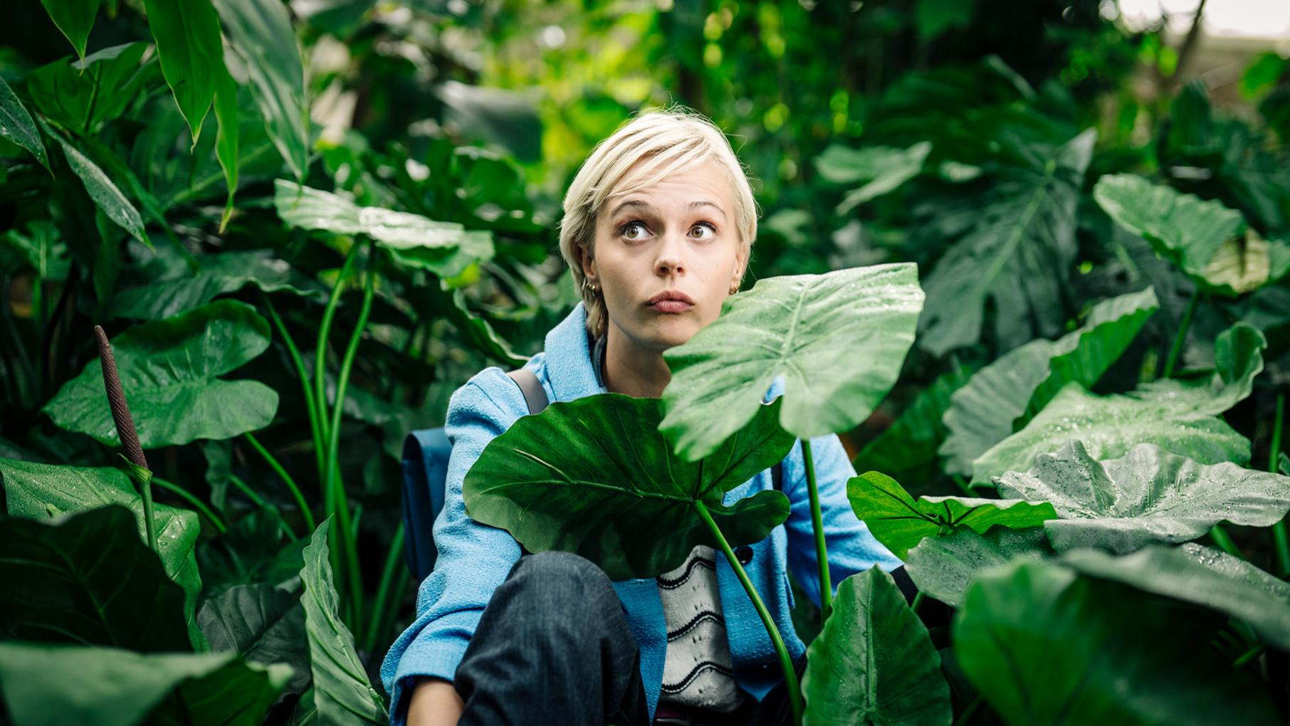 Patience squats amongst green tropical plants and looks surprised