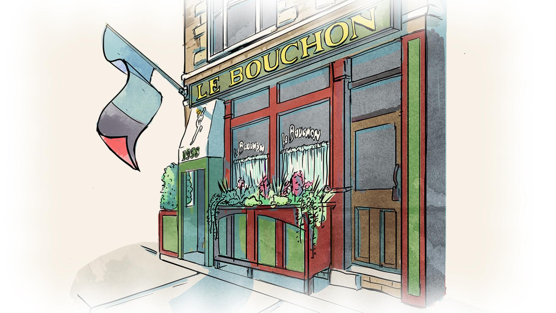 An illustration of the exterior of the French restaurant Le Bouchon, with a French flag flying out front