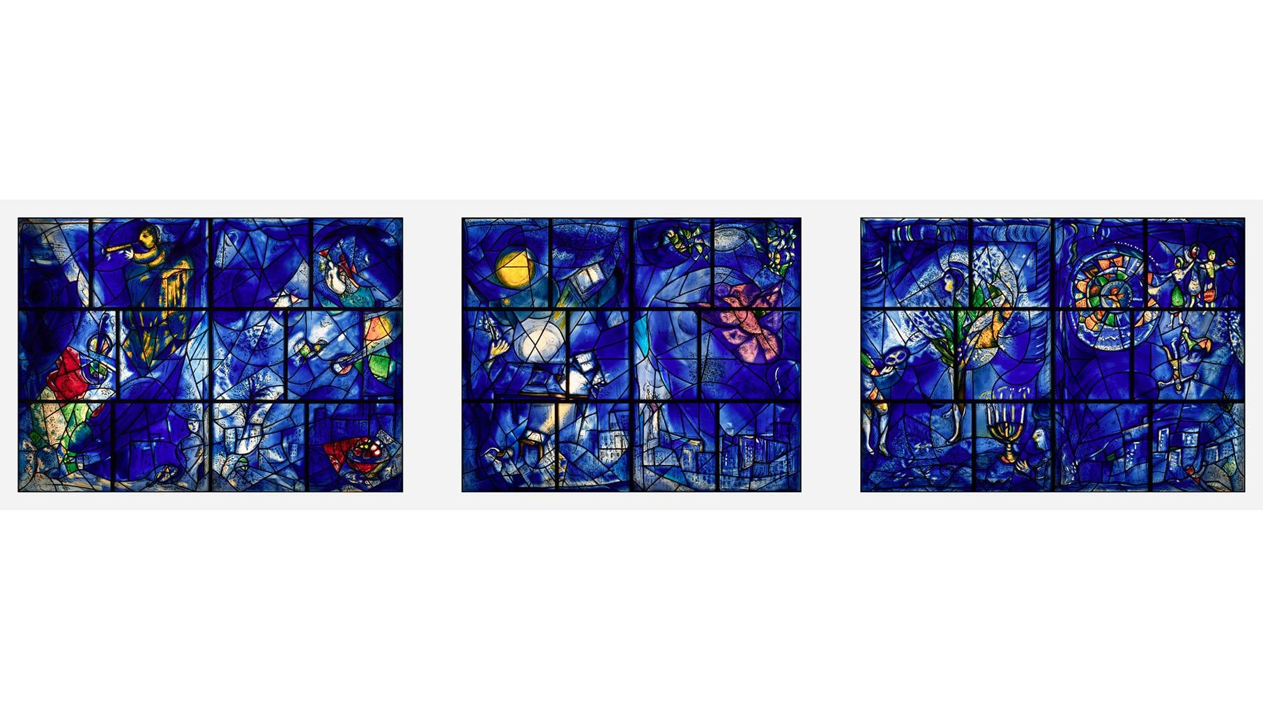 Marc Chagall's America Windows, three stained glass panels