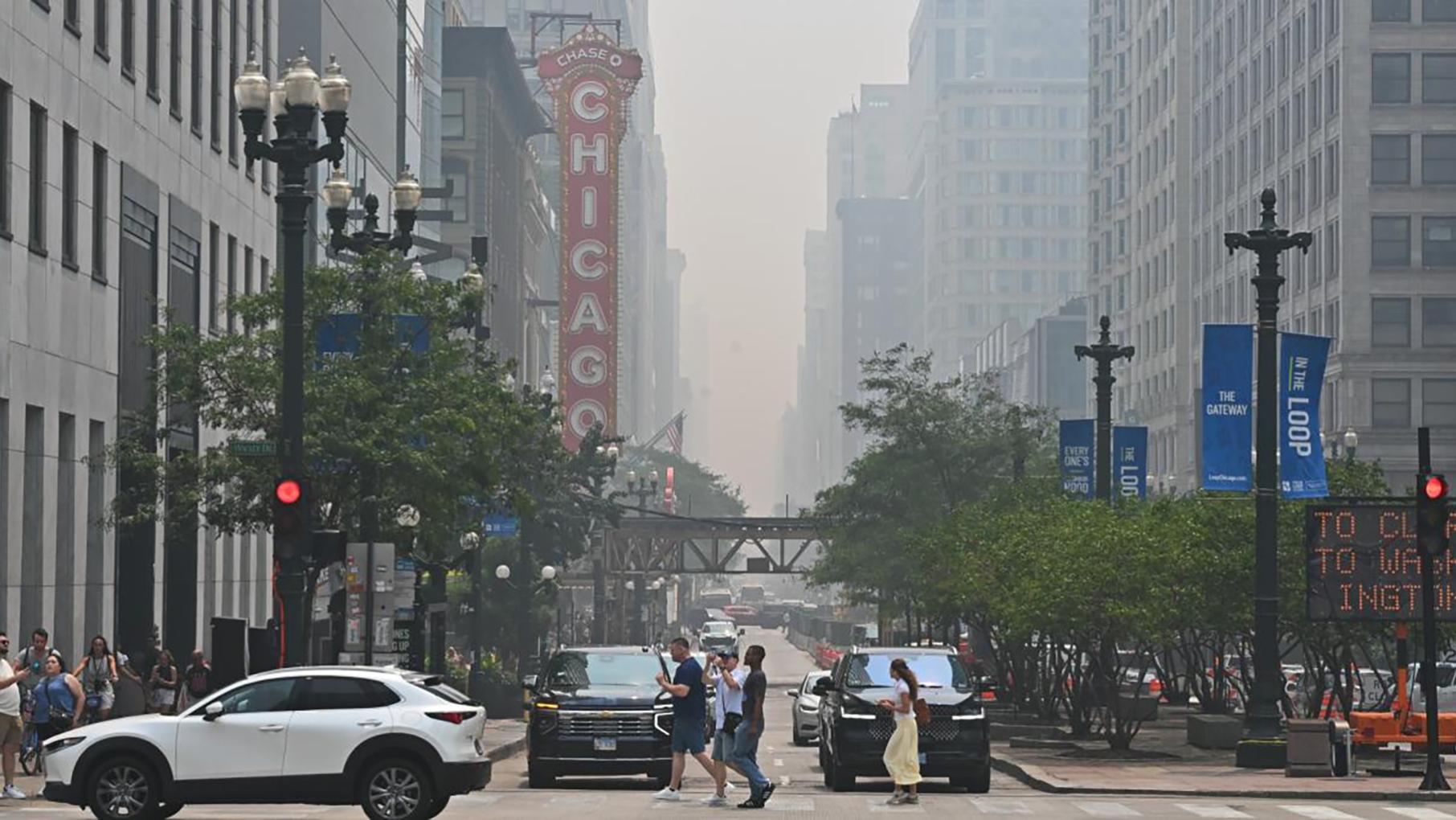 A hazy sky over the Chicago Theater in the Loop