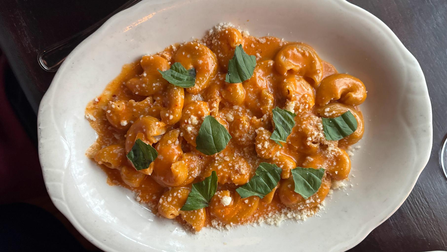 A dish of rigatoni alla vodka topped with basil
