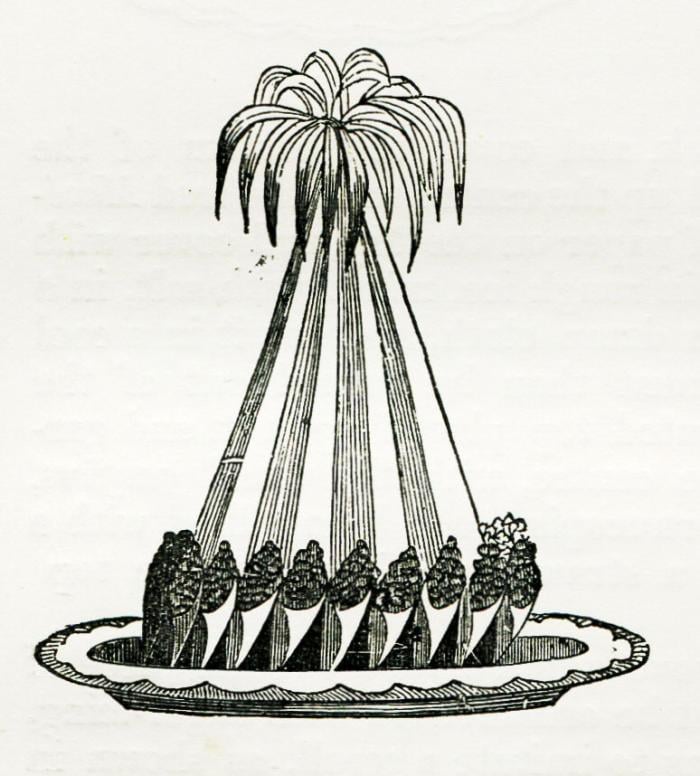Iced Pudding a la Chesterfield from Francatelli's "The Modern Cook," with ice cream cones around the base.