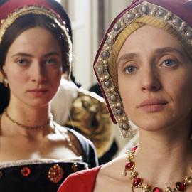 Meg Douglas and Lady Mary in headresses and jewels