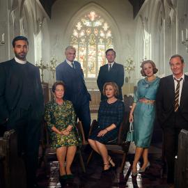 The cast of Grantchester (Daniel, Alphy, Mrs. C, Jack, Geordie, Cathy, Miss Scott, Leonard)  poses in a church