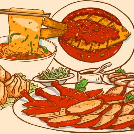 Illustrations of soup dumplings, biang biang noodles held up by chopsticks, a whole fish doused in red sauce, and sliced roast duck