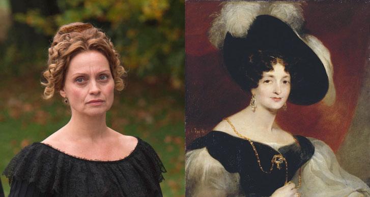 Catherine Flemming as the Duchess of Kent alongside a portrait of the real Duchess of Kent.