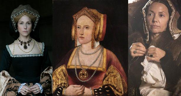 Katherine of Aragon: Paola Bontempi in Secrets of the Six Wives and Joanne Whalley in Wolf Hall. (Laurence Cendrowicz / © Wall to Wall South Ltd; MASTERPIECE)