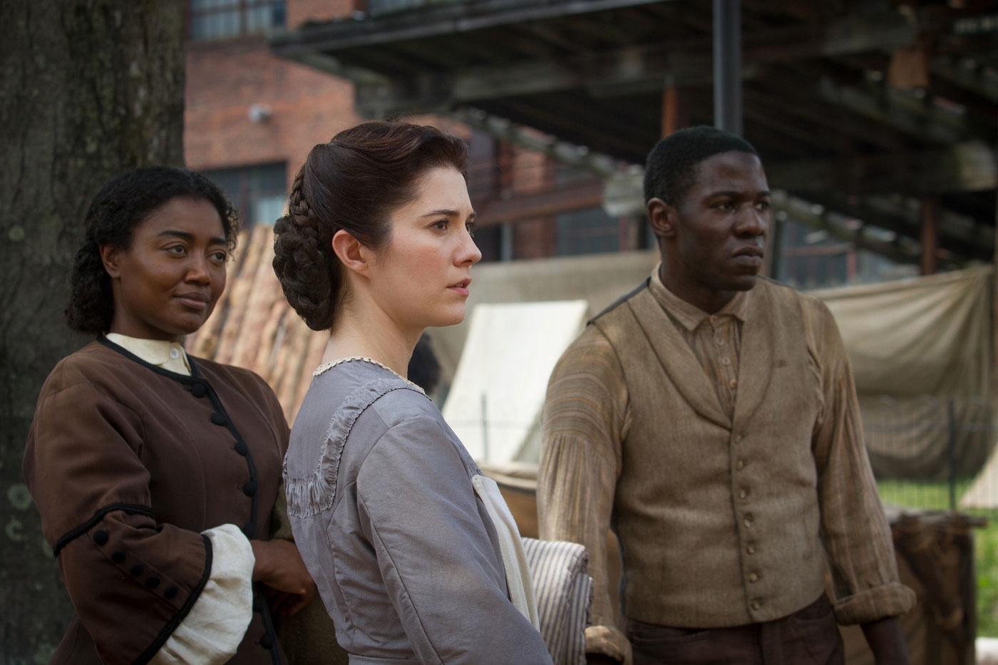 Patina Miller as Charlotte Jenkins, Mary Elizabeth Winstead as Nurse Mary Phinney, and McKinley Belcher III as Samuel Diggs. (PBS/Erik Heinila)