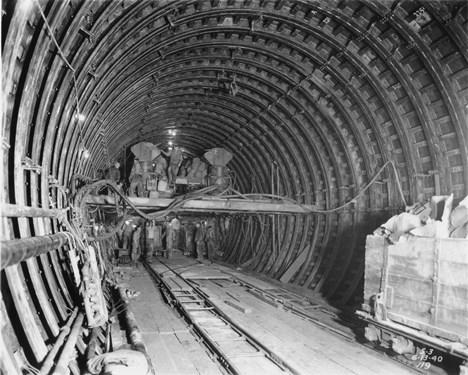Forms for concrete line the space of the excavated tube area as the State Street Subway is constructed. Photo: CTA
