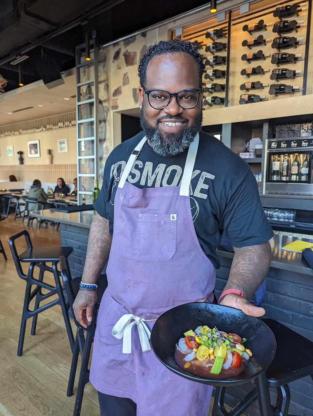 Chef Lamar Moore presenting his tiger shrimp ceviche 