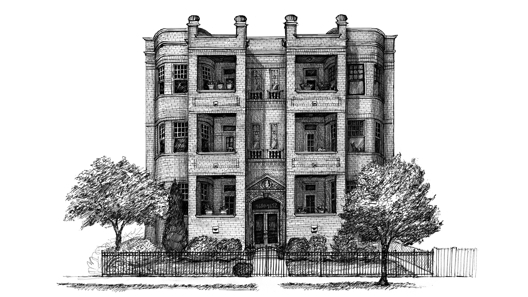 An illustration of a six flat building