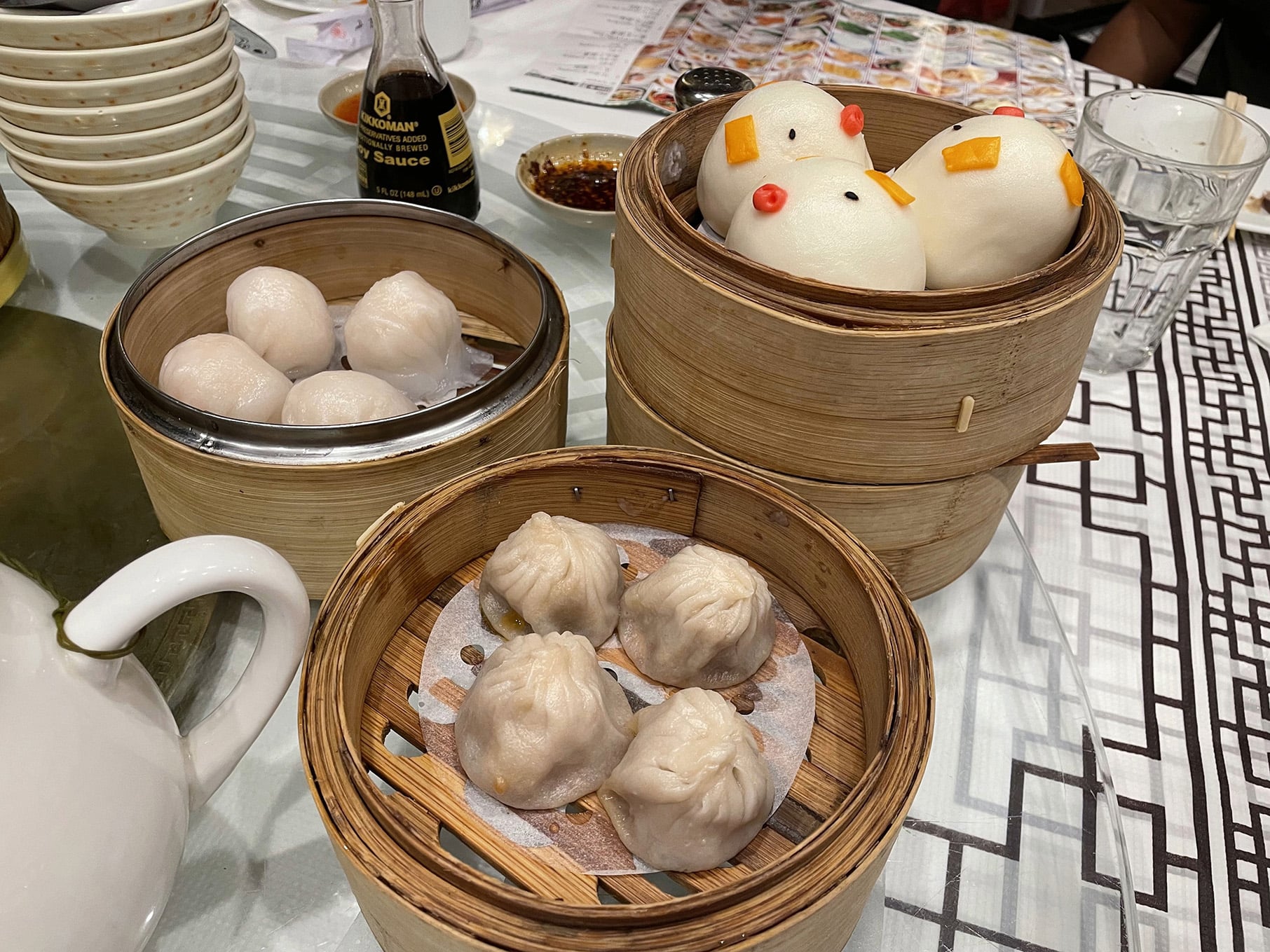 Bamboo steamers of dumplings and other dim sum food